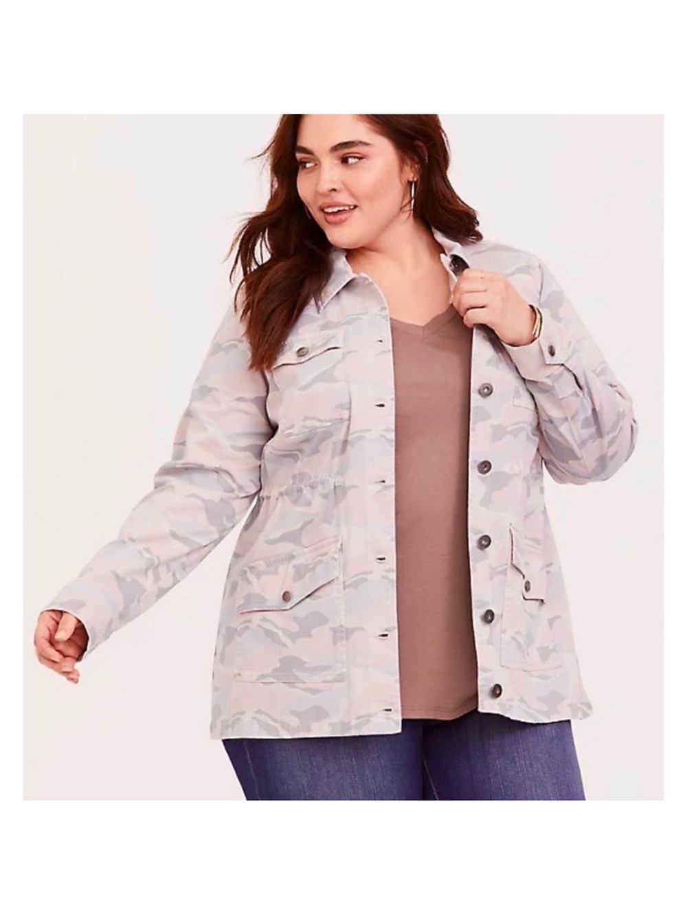 Torrid Size 2x Pale Pink Grey Cream Camo Jacket Button Front Closure Pockets